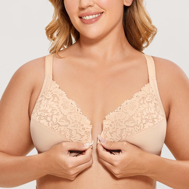 DELIMIRA Women's Front Closure Plus Size Full Coverage Lace Underwire Racerback Bra Beige 36C - Image 4
